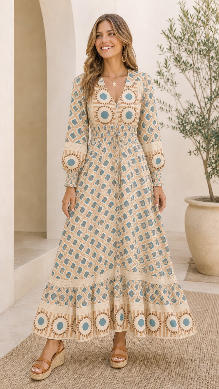 Full front view of model wearing Beige ivory geometric print long sleeve maxi dress