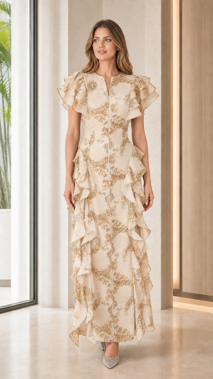 Front view of champagne floral print ruffle maxi dress