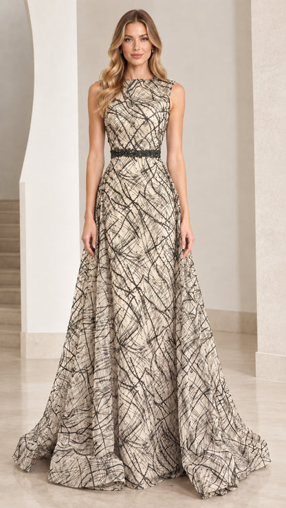 Front view of champagne beige sleeveless A-line formal gown