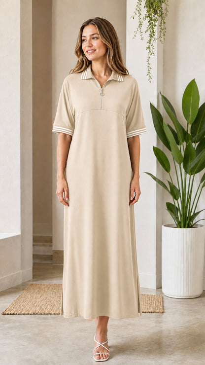 Women's beige short sleeve half-zip polo maxi dress