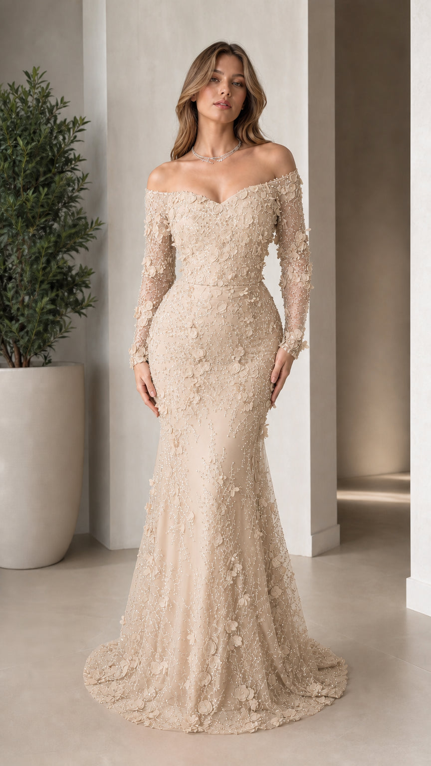 Front view of woman wearing champagne beige beaded lace evening gown