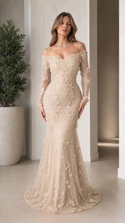 Front view of woman wearing champagne beige beaded lace evening gown