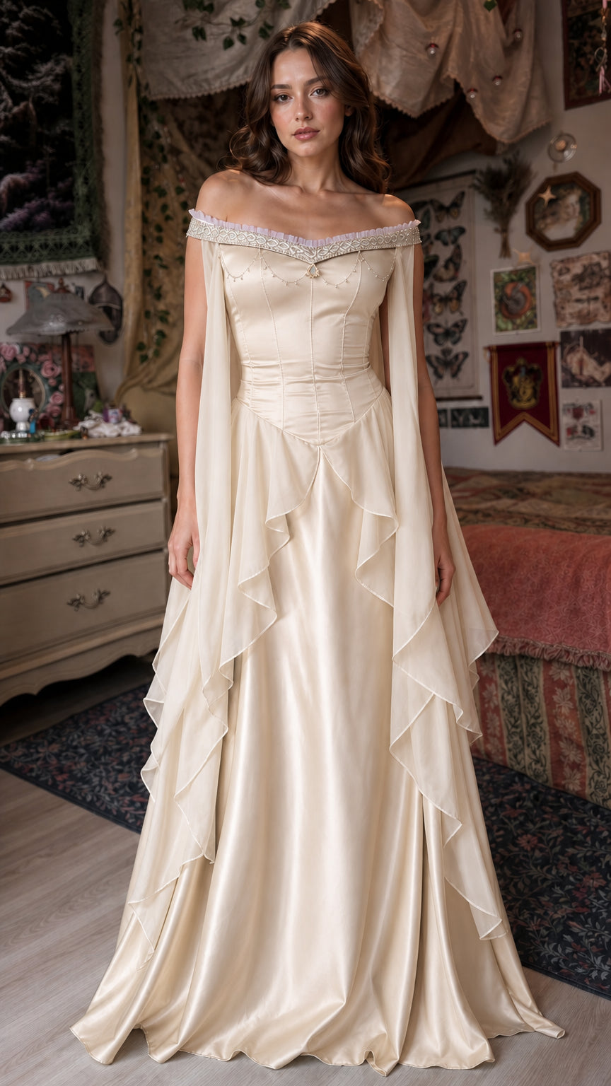 Front view of champagne Renaissance off-shoulder maxi dress