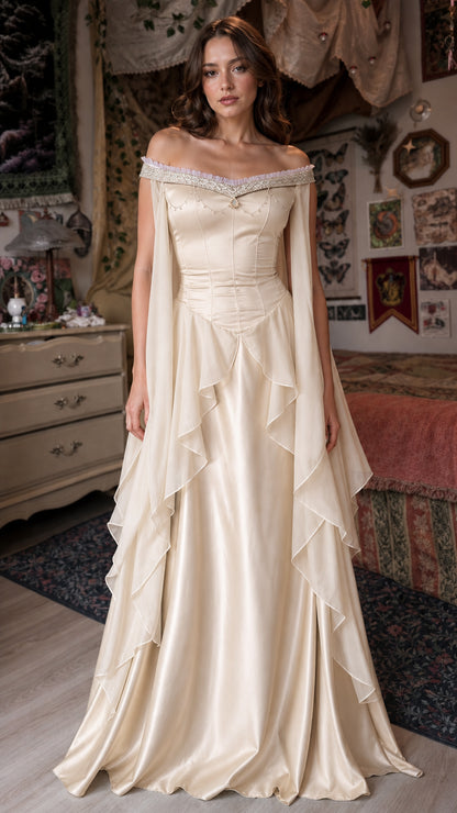 Front view of champagne Renaissance off-shoulder maxi dress