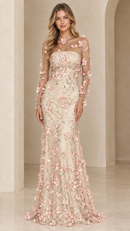 Champagne beige 3D floral embroidered long sleeve formal gown