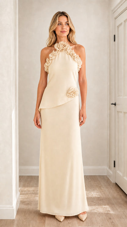 Front view of champagne 3D floral halter maxi dress