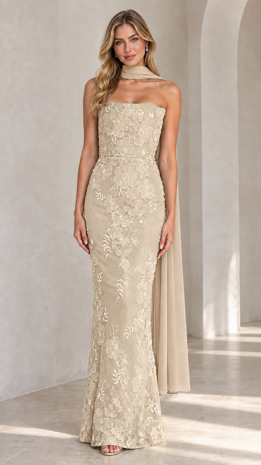 Full-length view of champagne floral embroidered strapless evening maxi dress