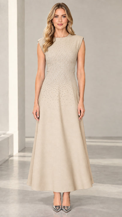 Champagne beige sparkling rhinestone cap sleeve maxi dress