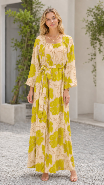 Beige floral print belted square neck maxi dress
